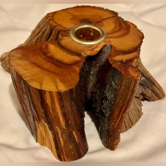 Vintage 70s Mid Century Candle Holder Raw Edge Wood Mountain Cabin Candleholder - Picture 2 of 16